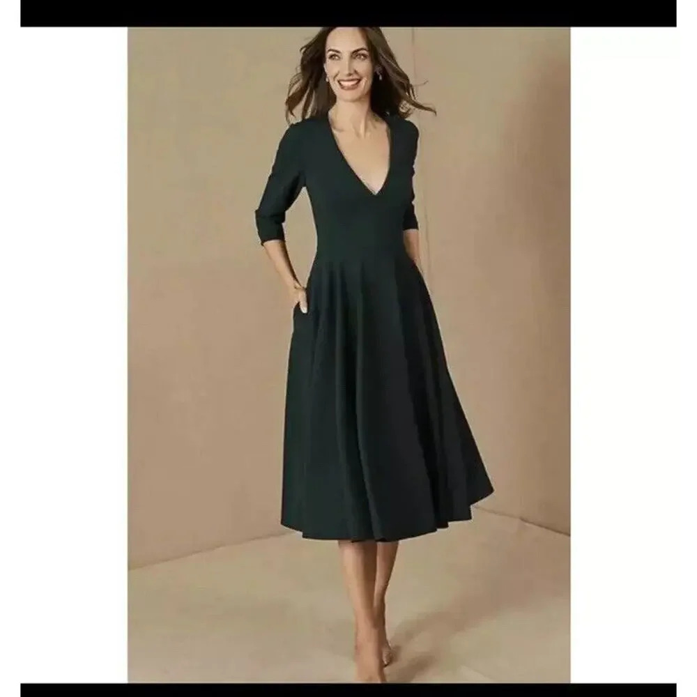 BHLDN Valdis Midi Dress Holly Green Womens size 8 Holiday Event Fit Flare Chic